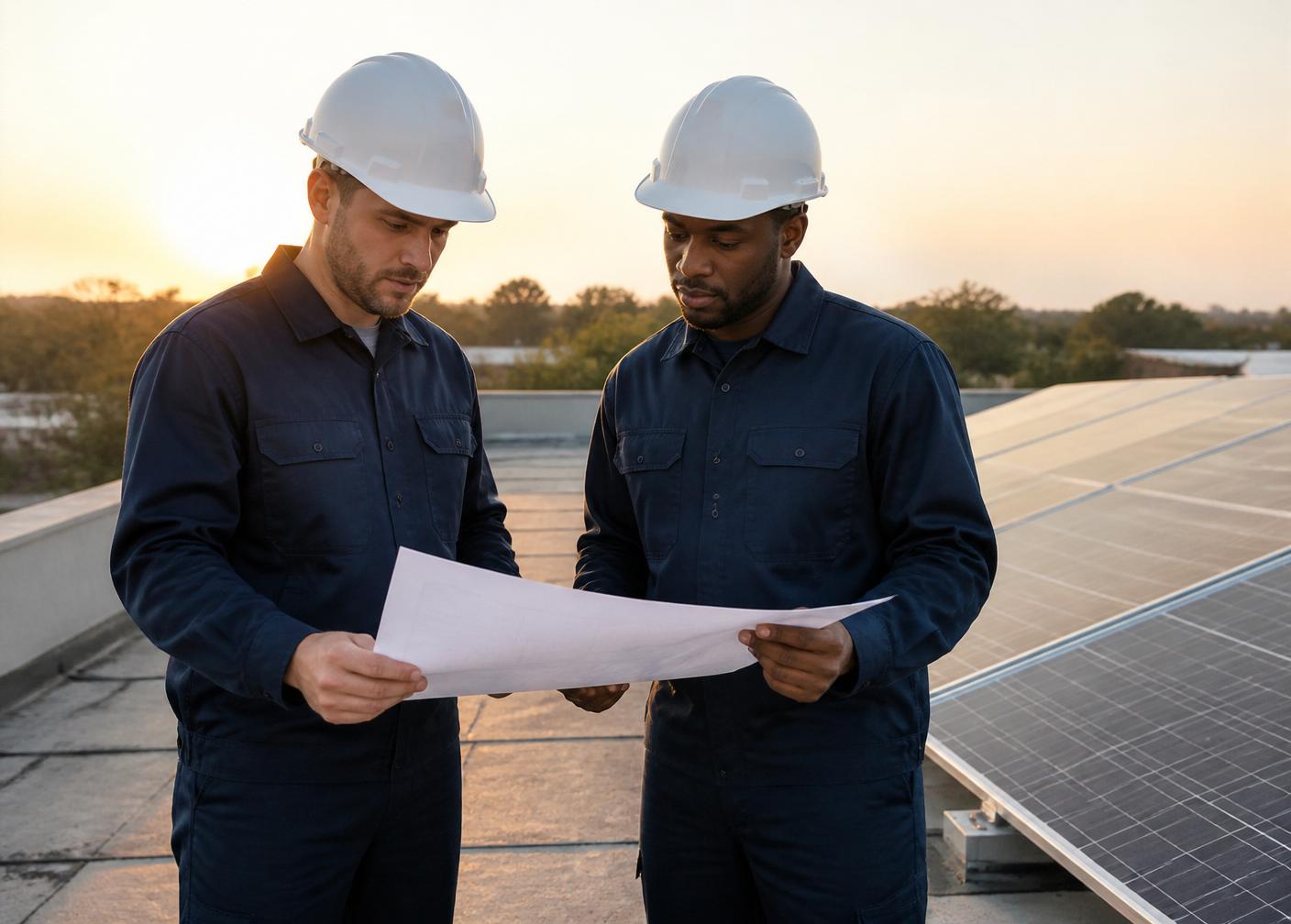 Watt-Core technicians reviewing installation plans on a rooftop