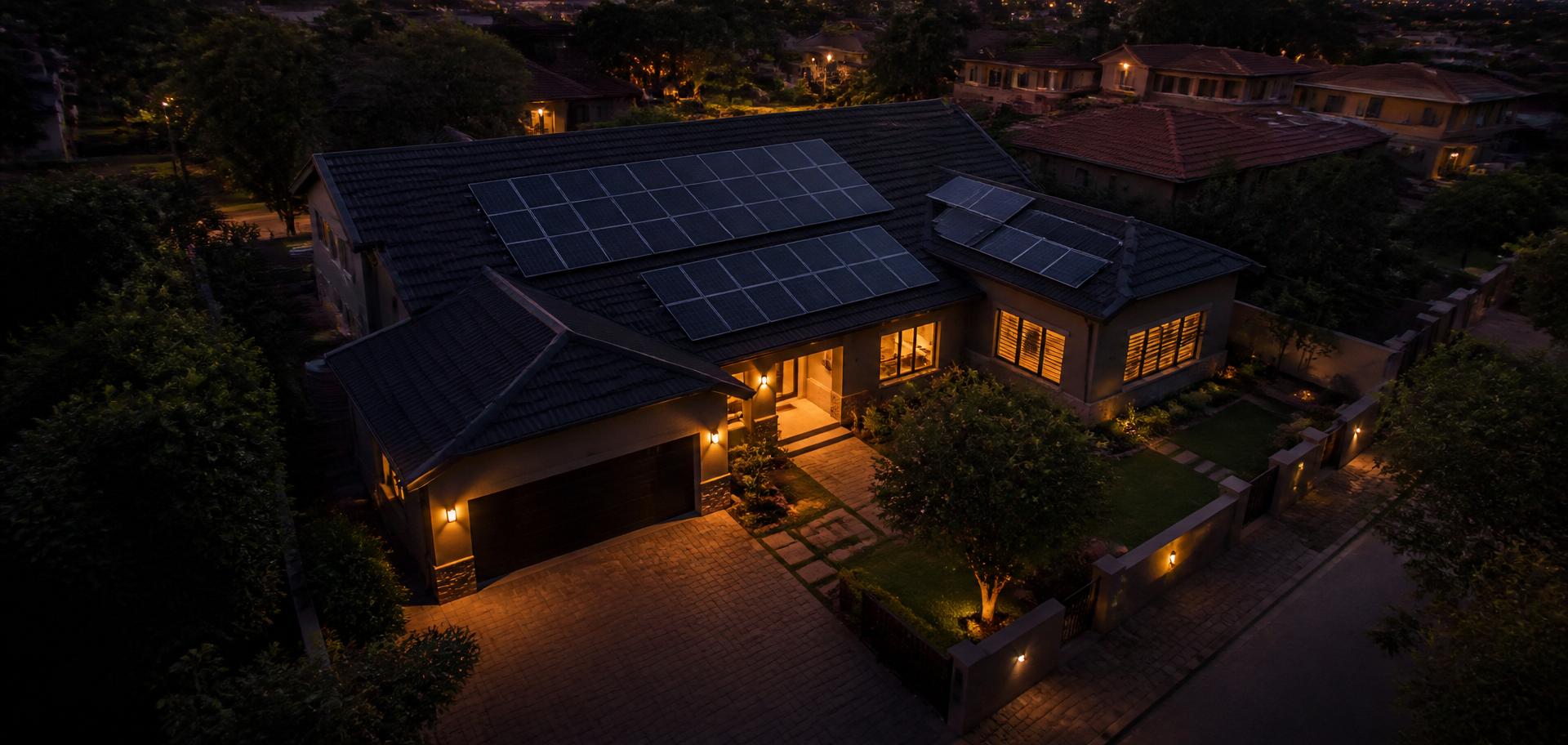 Suburban Pretoria home with a rooftop solar installation at dusk