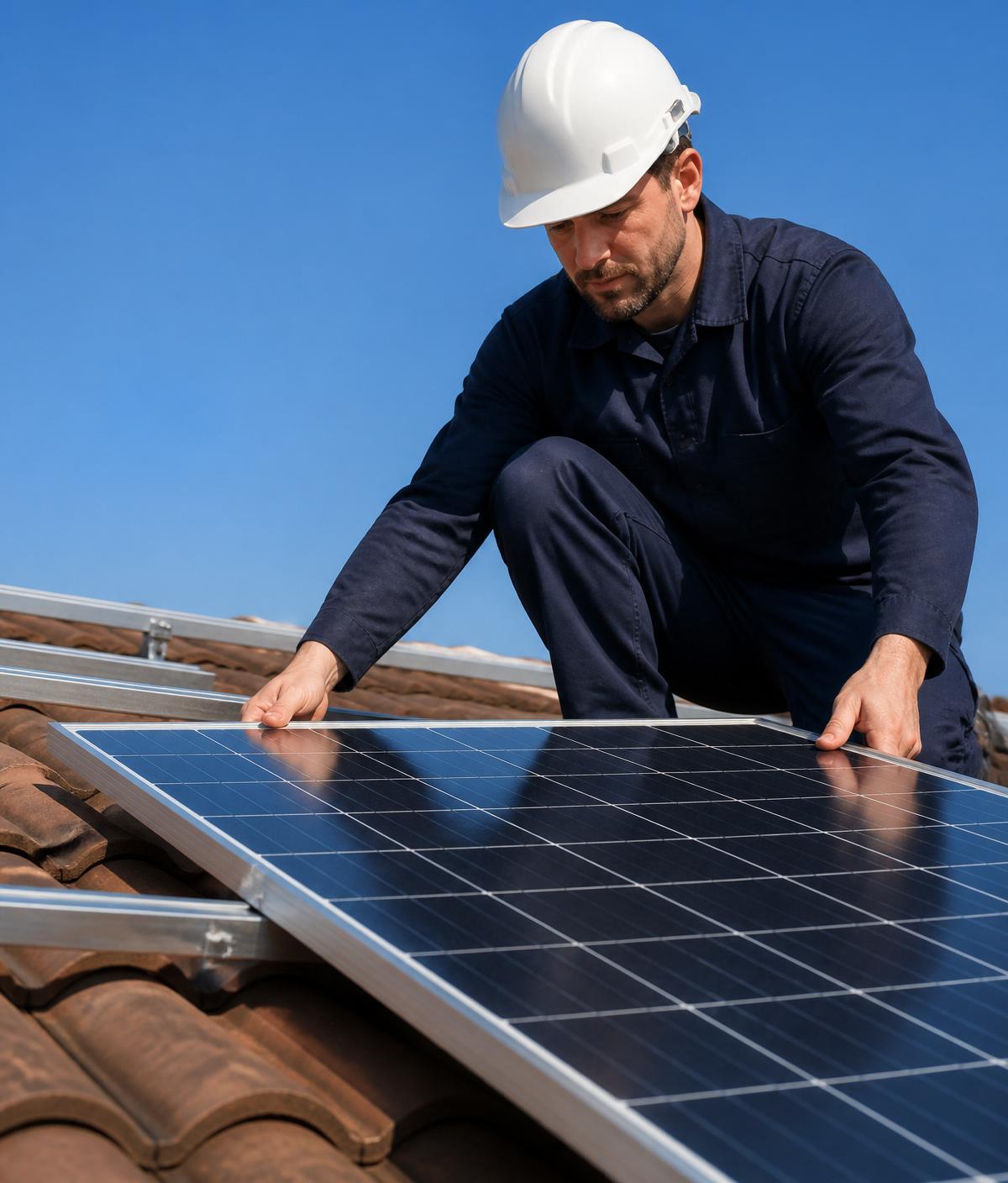 Solar technician installing a photovoltaic panel on a residential roof in Pretoria