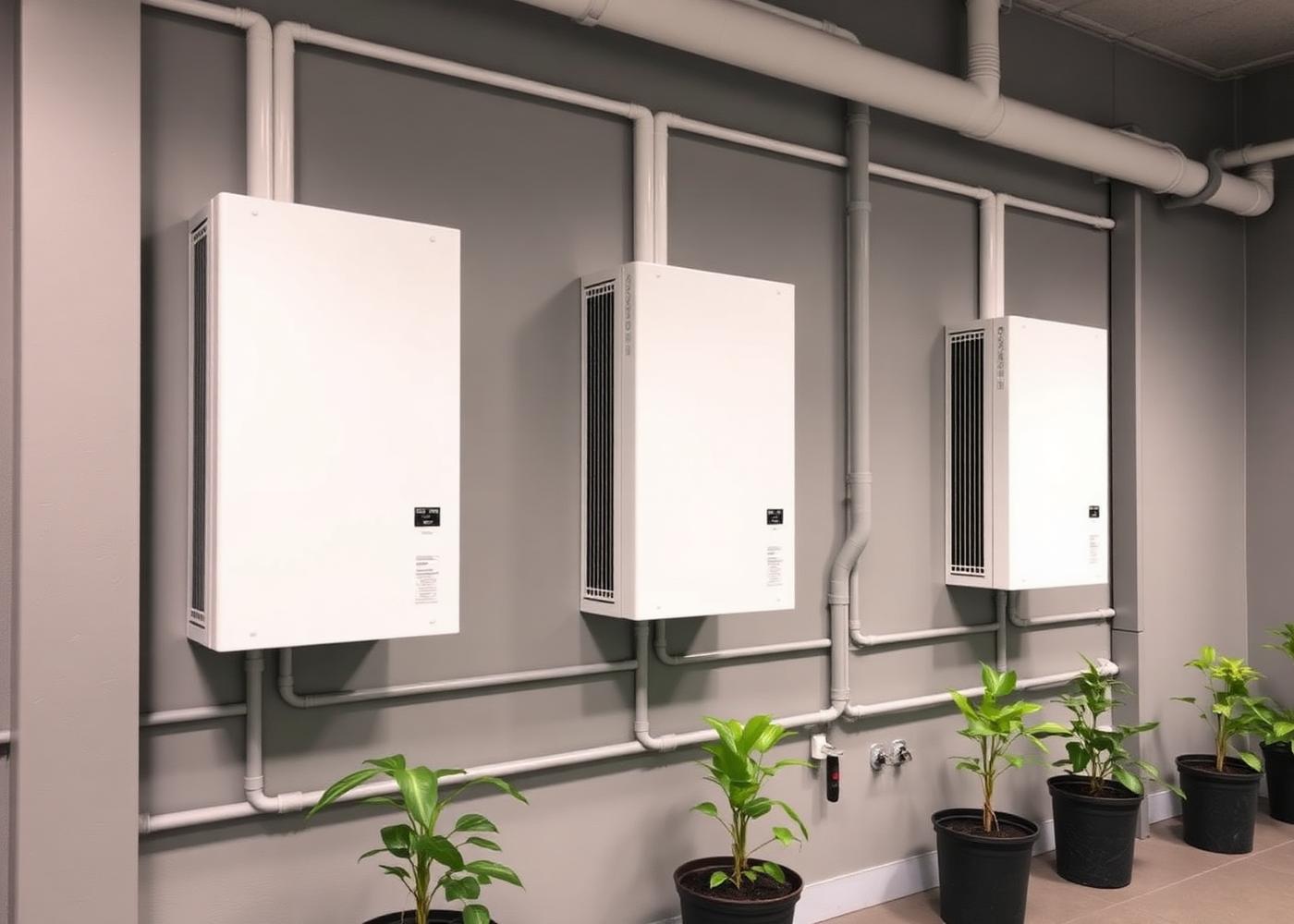Three wall mounted hybrid inverters in a commercial plant room in Pretoria