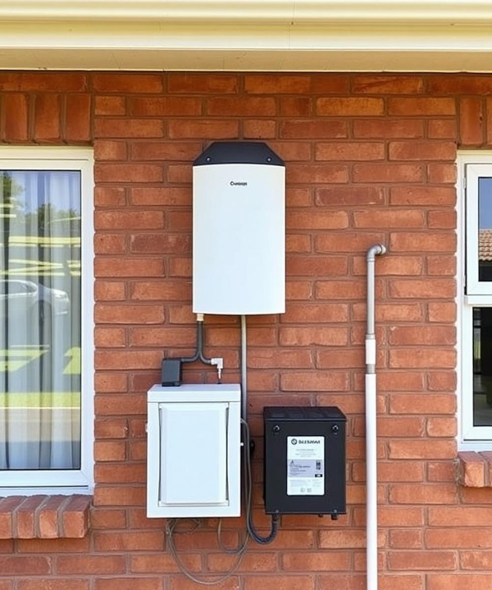 Residential solar inverter and battery installation on a face brick wall in Pretoria