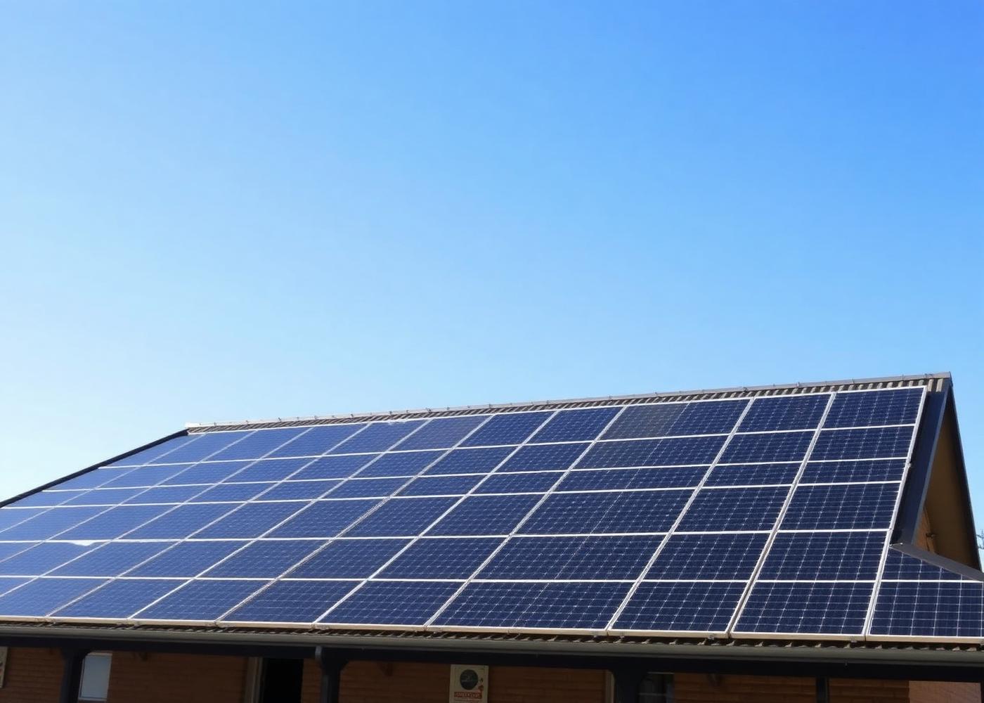 Solar panel array covering the roof of a community hall in Gauteng