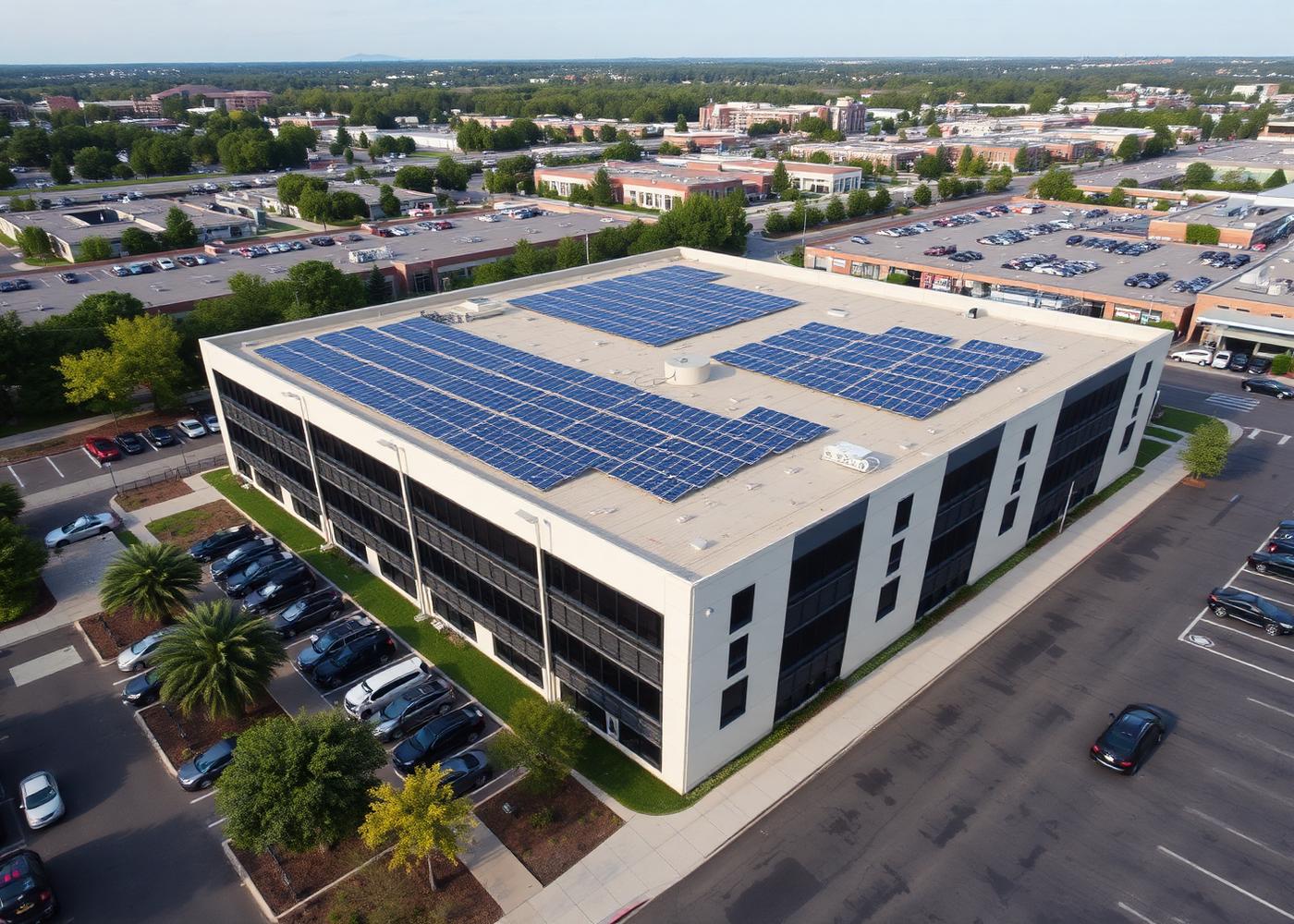 Aerial view of a commercial office building rooftop covered with solar panels in Pretoria