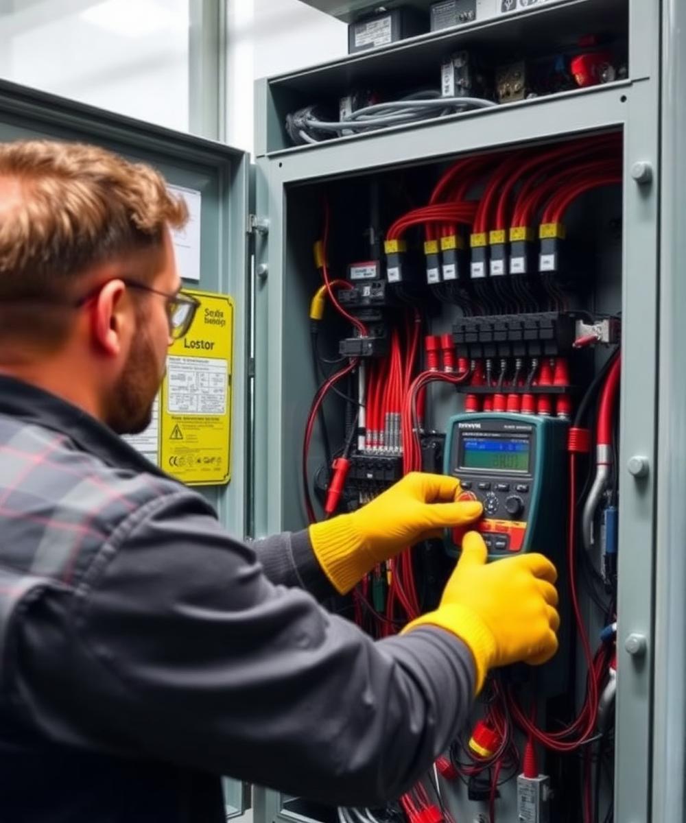 Electrician testing circuits inside an industrial distribution board in Pretoria
