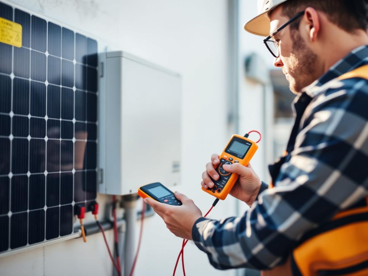 Technician using a multimeter to test a solar inverter during a service visit
