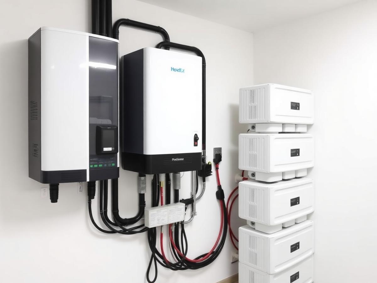 Hybrid solar inverter and stacked lithium battery modules installed in a utility room